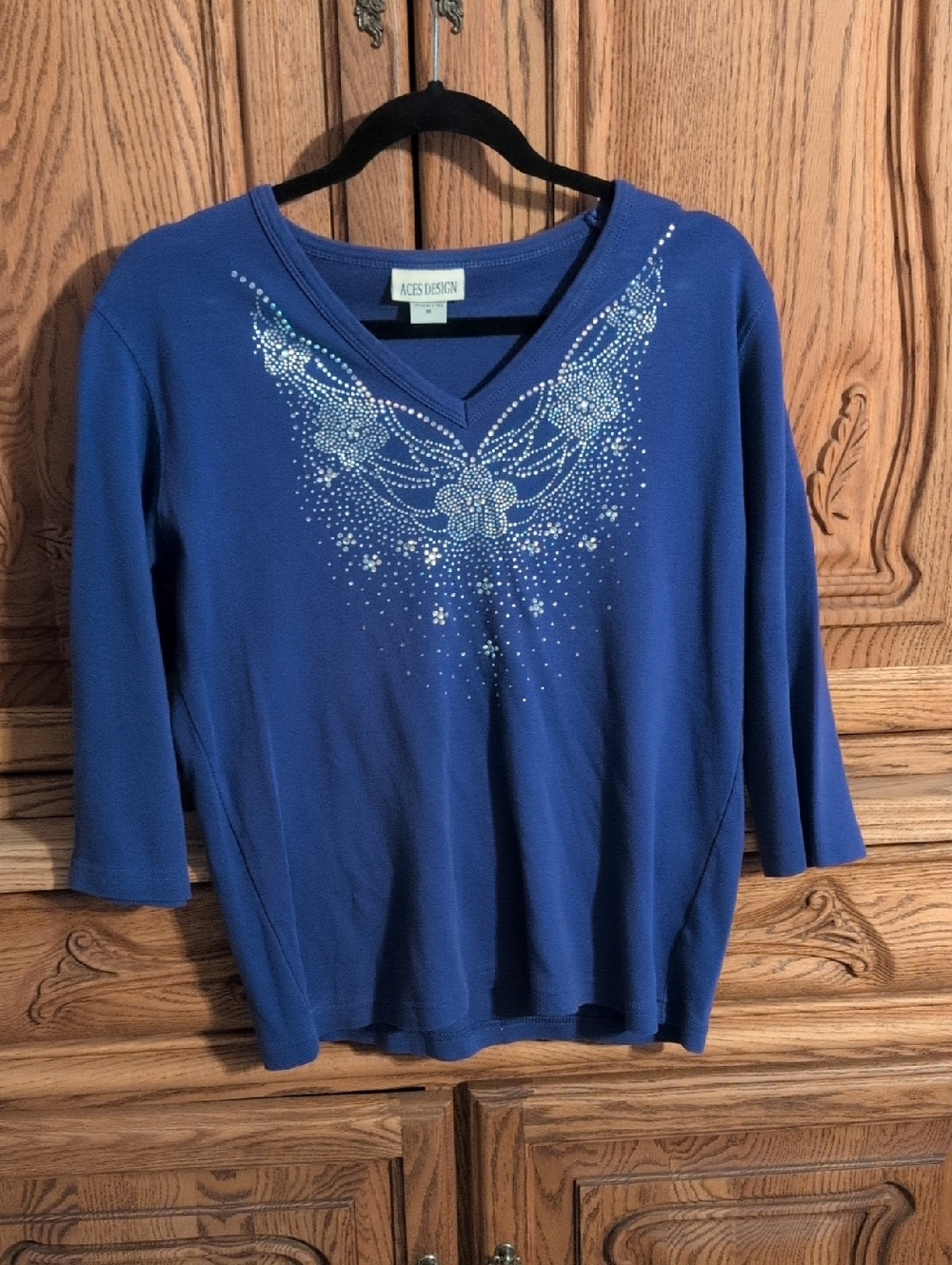 Royal Blue V-Neck Long Sleeve Embellished Tee